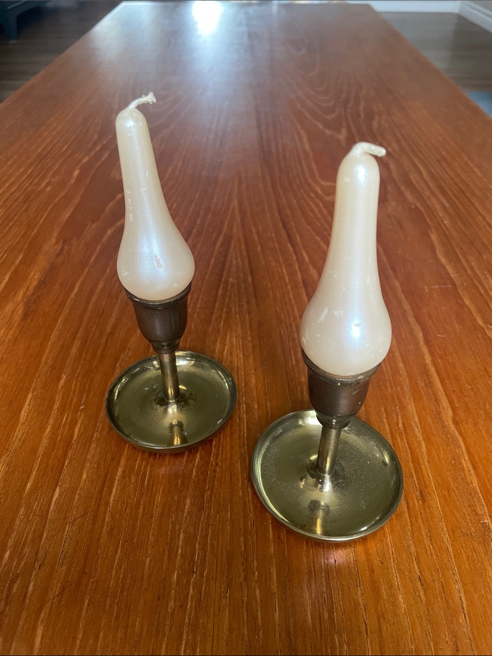 Pearl Cream Taper Candles with Brass Holders - Set of 2